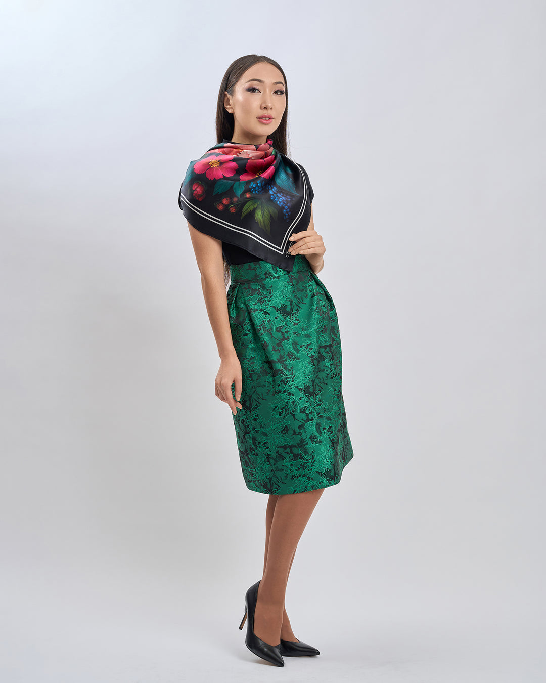 Midnight Peonies Pure Silk Scarf in Pink Orange Blue Green and Black  – Alesia C. Floral Collection by Artist and Fashion Designer Alesia Chaika AlesiaC.com