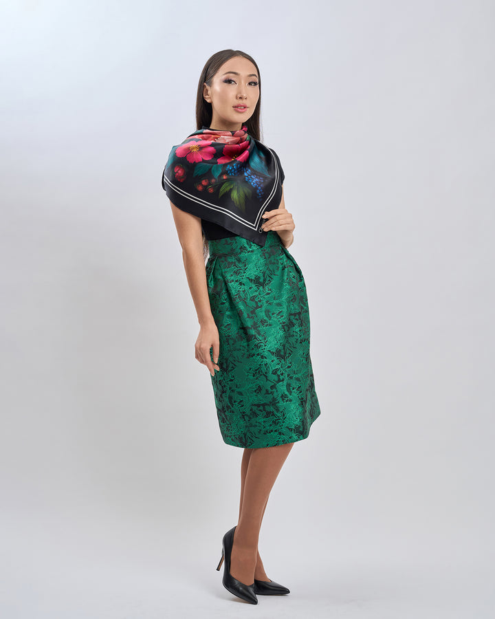 Midnight Peonies Pure Silk Scarf in Pink Orange Blue Green and Black  – Alesia C. Floral Collection by Artist and Fashion Designer Alesia Chaika AlesiaC.com