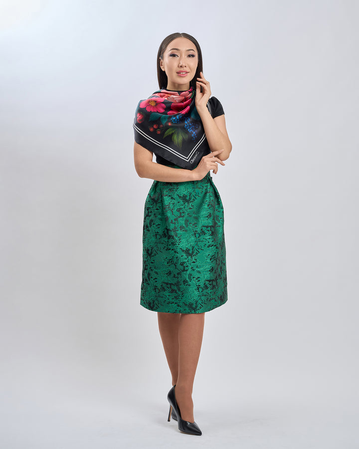 Midnight Peonies Pure Silk Scarf in Pink Orange Blue Green and Black  – Alesia C. Floral Collection by Artist and Fashion Designer Alesia Chaika AlesiaC.com