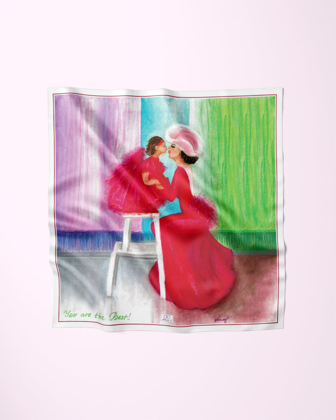 Art Piece 100% Silk Scarf with a Mom and Daughter in a red dress and child on a stool kiss each other against a colorful background Art-A-Porte Silk Collection by Fashion Designer Alesia Chaika AlesiaC.com