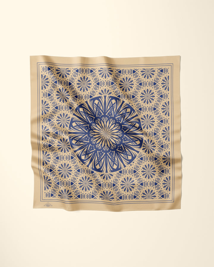 NAVY BEIGE SERENITY Mandala Designer Silk Scarf by Alesia Chaika