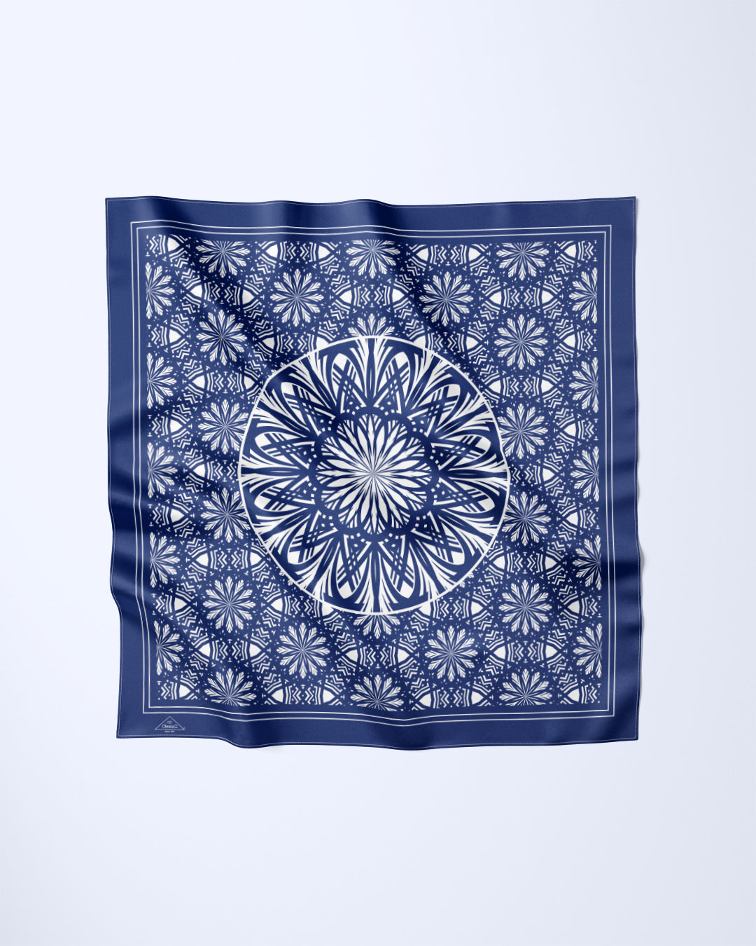 NAVY BLUE WHITE SERENITY Mandala Designer Silk Scarf by Alesia Chaika