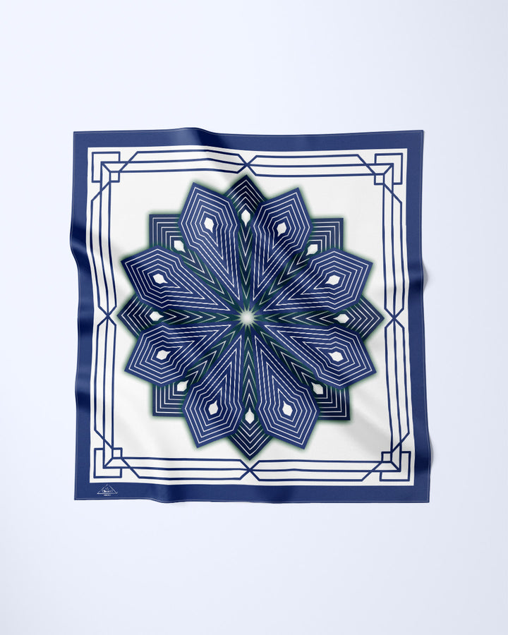 NAVY BLUE WHITE SUMATRA Mandala Designer Silk Pocket Square 12x12 Alesia Chaika