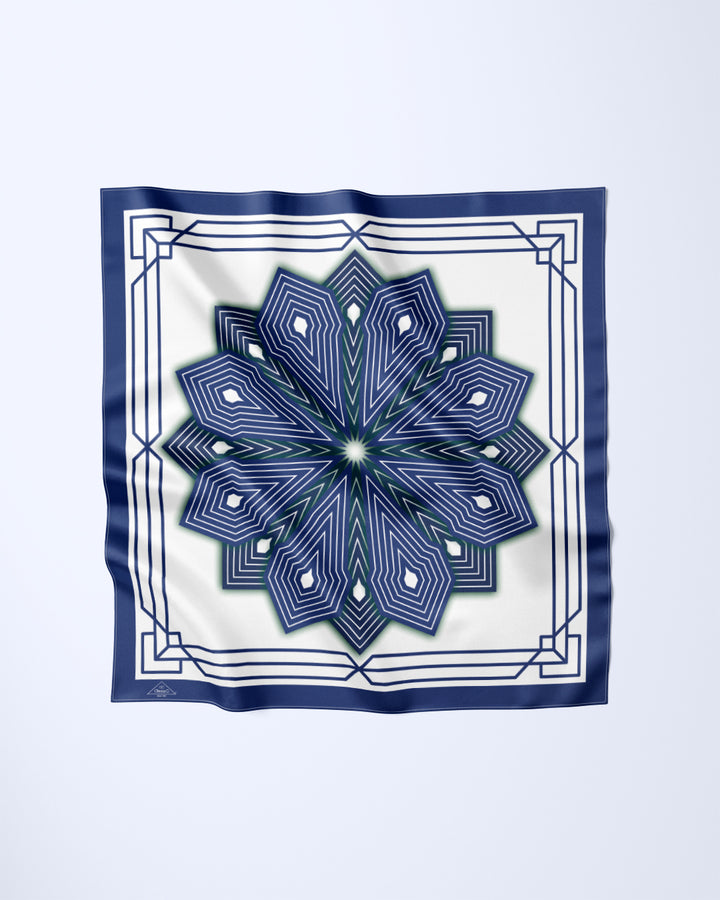 NAVY BLUE WHITE SUMATRA Mandala Designer Silk Scarf by Alesia Chaika