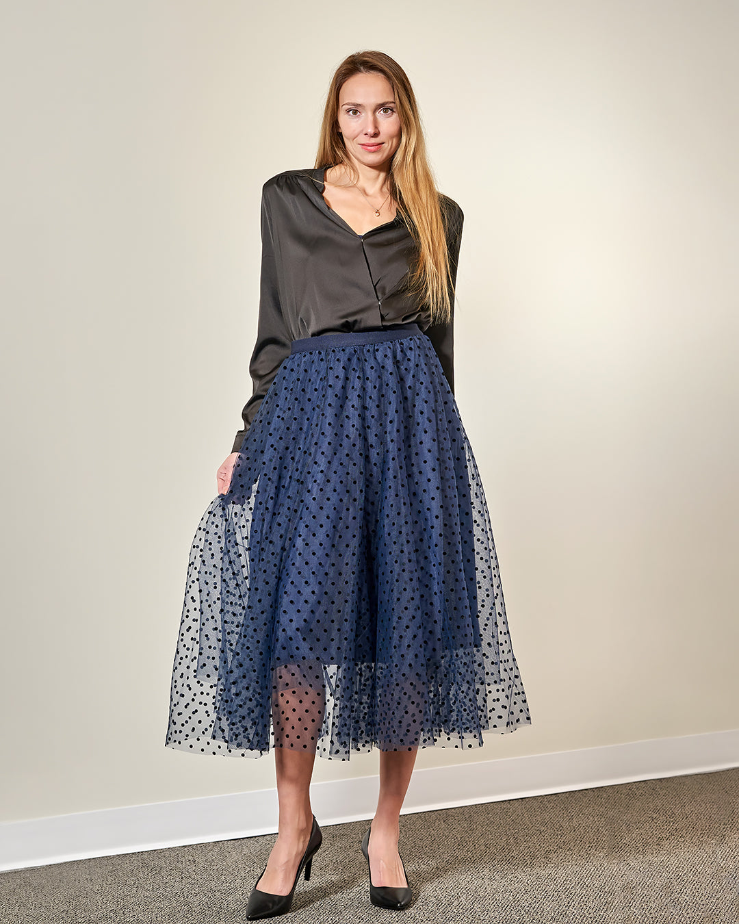 Navy Blue Black Velvet Polka Dot Tulle Midi Skirt