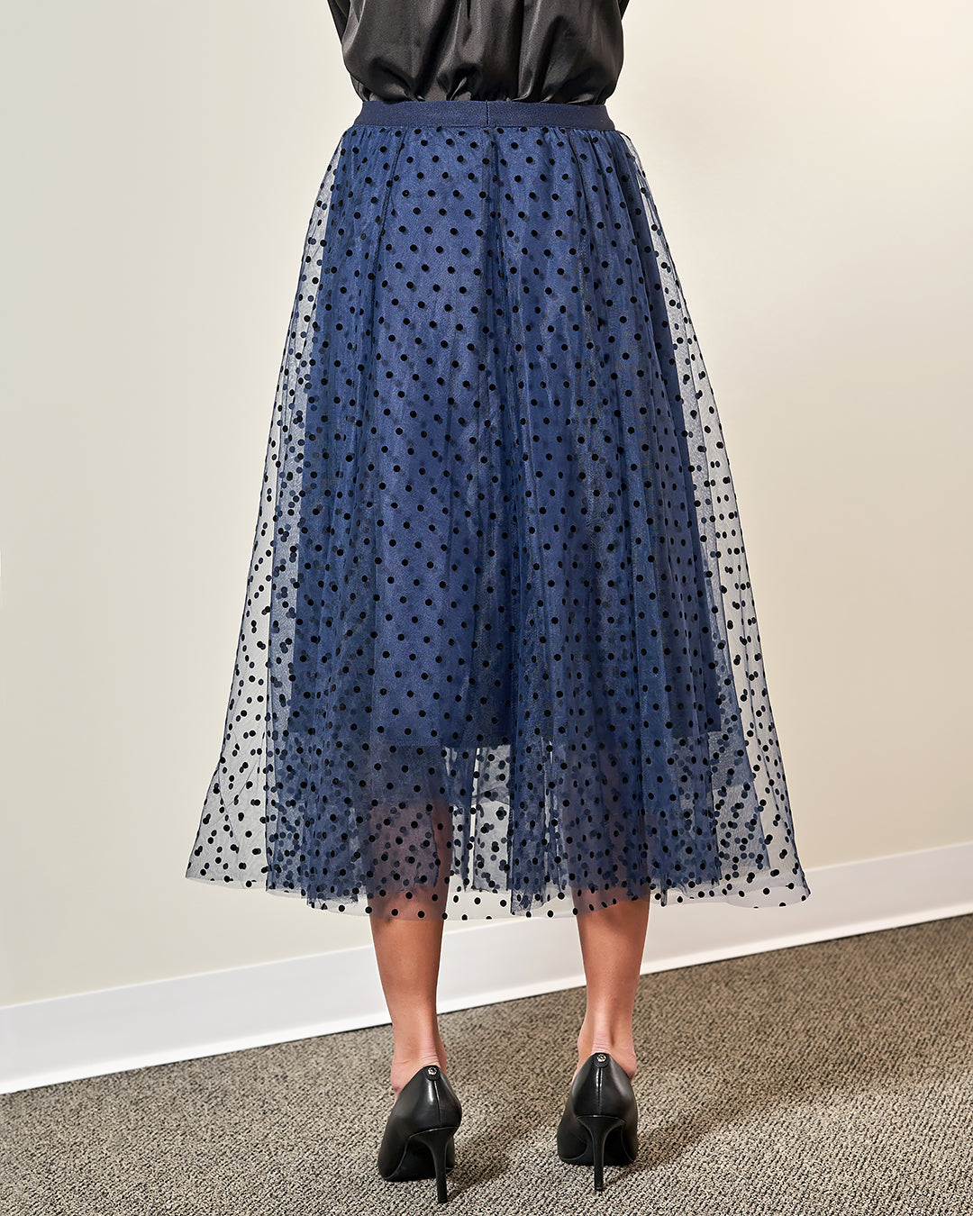 Navy Blue Black Velvet Polka Dot Tulle Midi Skirt