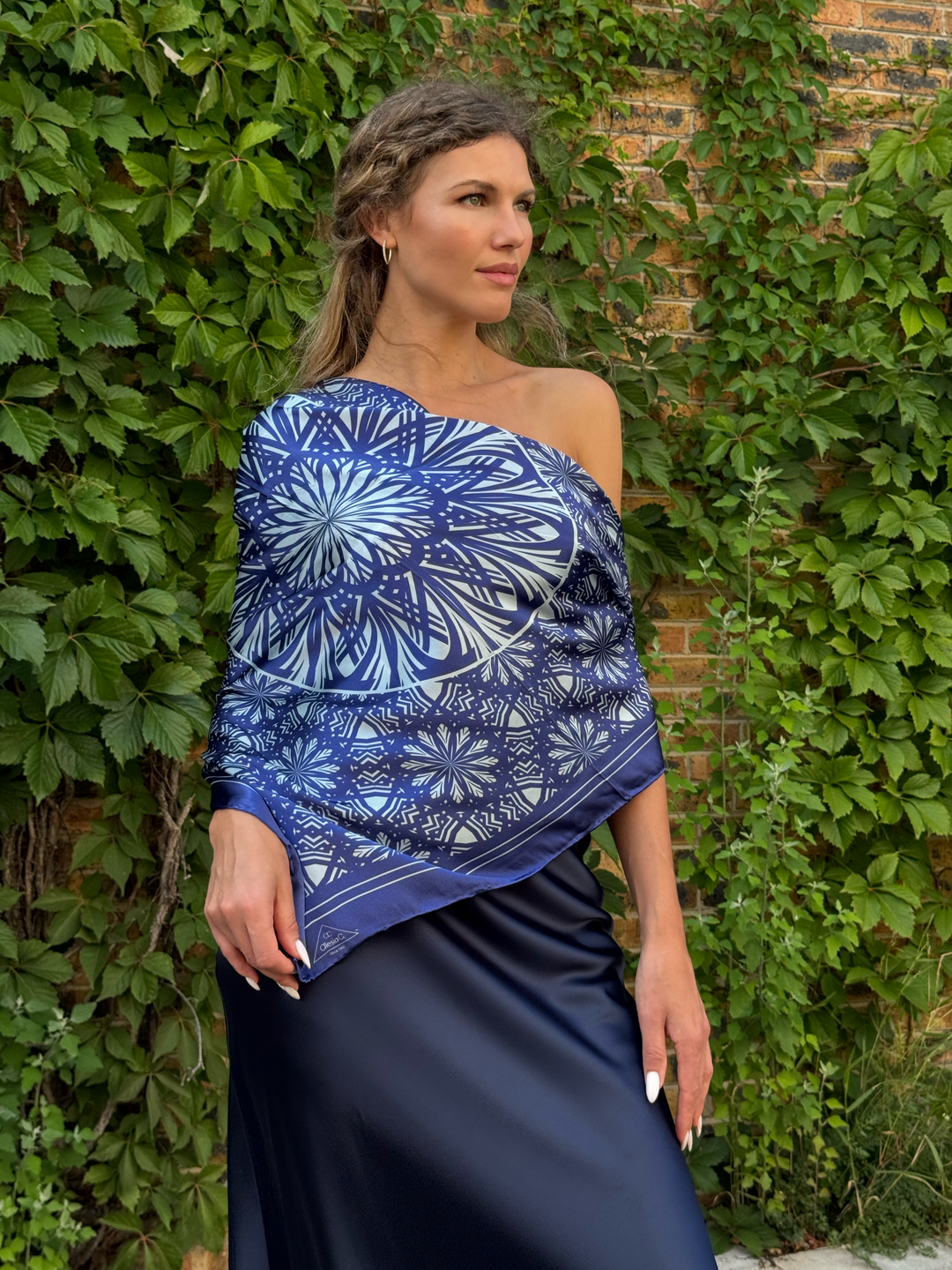 SERENITY Mandala Designer Silk Scarf – Navy Light Blue – Hand-Rolled Edges – Multiple Sizes