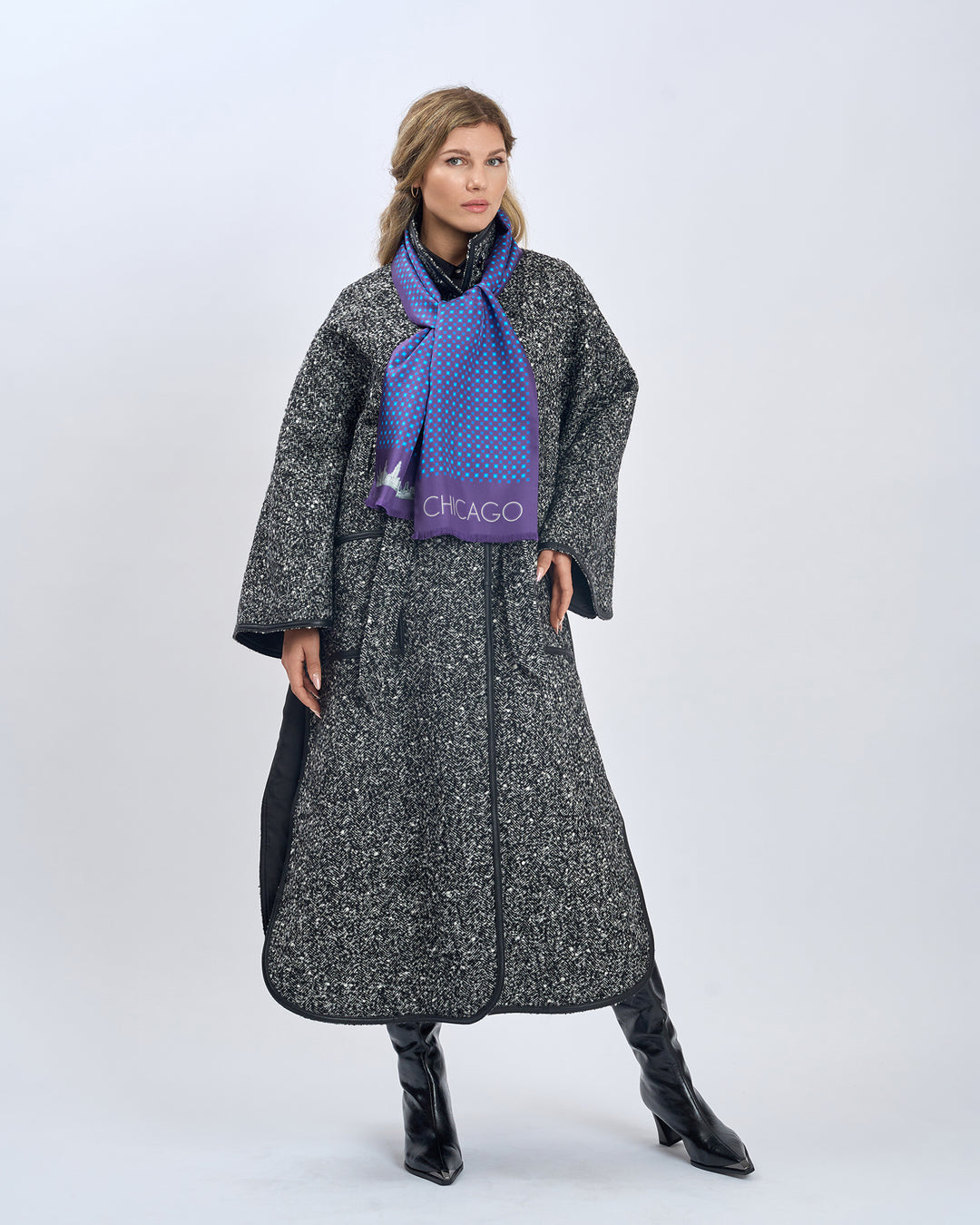 Luxury Designer Navy Royal Blue Chicago Skyline Art Double Silk Long Pure Silk Scarf With Fringes Styled With Herringbone Boucle Wool SWAN Cape Long Coat and Black High Boots by Alesia Chaika AlesiaC.com