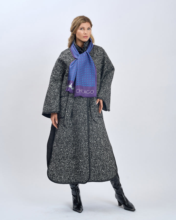 Luxury Designer Navy Royal Blue Chicago Skyline Art Double Silk Long Pure Silk Scarf With Fringes Styled With Herringbone Boucle Wool SWAN Cape Long Coat and Black High Boots by Alesia Chaika AlesiaC.com