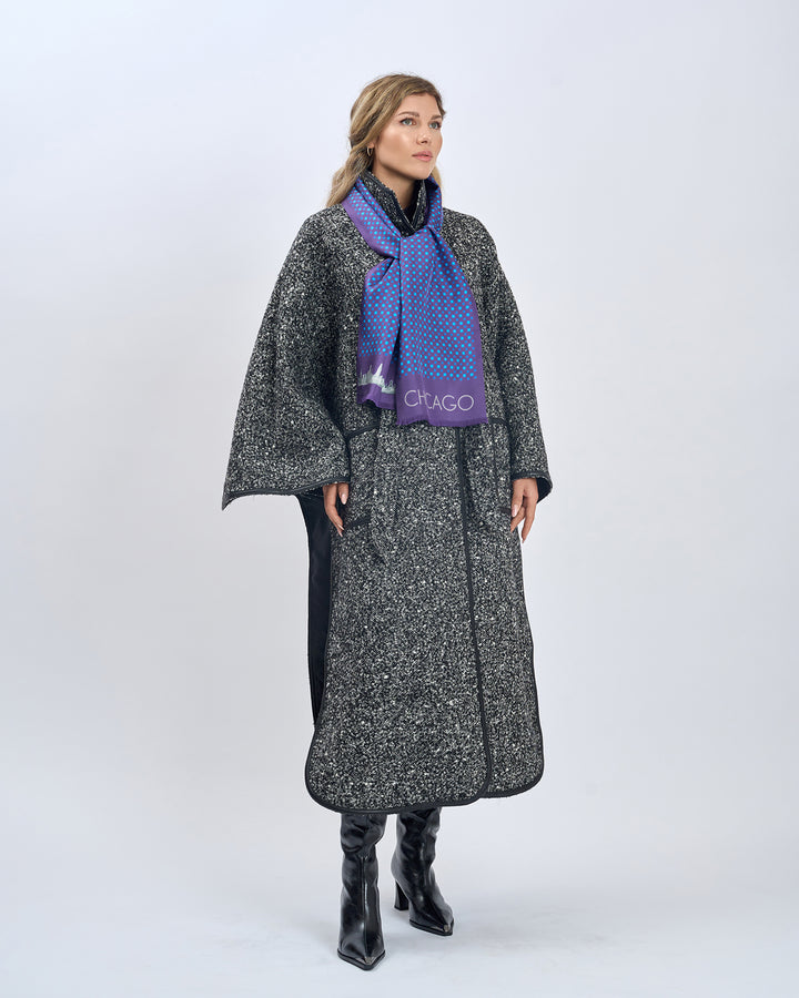 Luxury Designer Navy Royal Blue Chicago Skyline Art Double Silk Long Pure Silk Scarf With Fringes Styled With Herringbone Boucle Wool SWAN Cape Long Coat and Black High Boots by Alesia Chaika AlesiaC.com