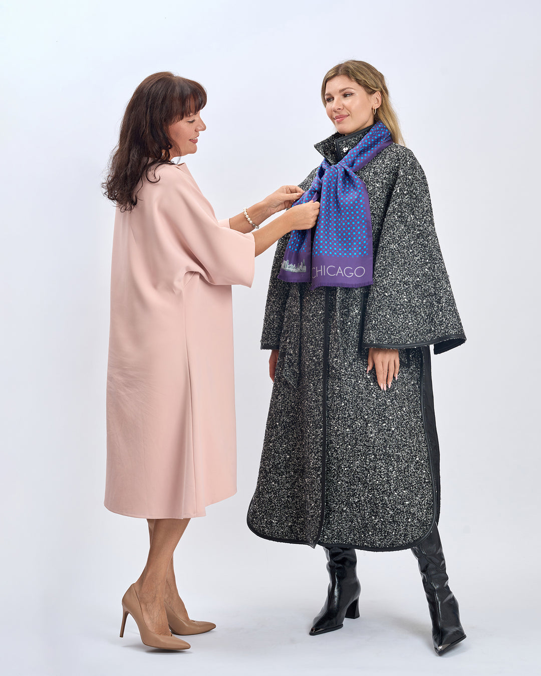 Luxury Designer Navy Royal Blue Chicago Skyline Art Double Silk Long Pure Silk Scarf With Fringes Styled With Herringbone Boucle Wool SWAN Cape Long Coat and Black High Boots by Alesia Chaika AlesiaC.com