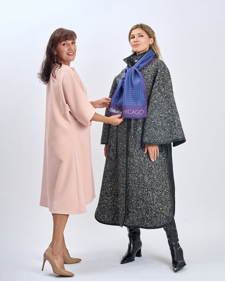 Luxury Designer Navy Royal Blue Chicago Skyline Art Double Silk Long Pure Silk Scarf With Fringes Styled With Herringbone Boucle Wool SWAN Cape Long Coat and Black High Boots by Alesia Chaika AlesiaC.com