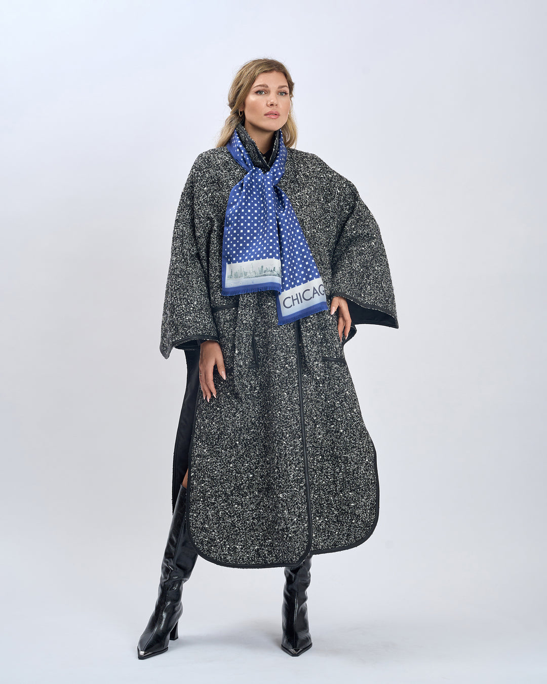 Luxury Designer Navy Blue White Chicago Skyline Art Double Silk Long Pure Silk Scarf With Fringes Styled With Herringbone Boucle Wool SWAN Cape Long Coat and Black High Boots by Alesia Chaika AlesiaC.com
