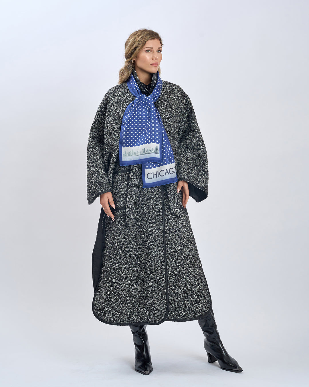 Luxury Designer Navy Blue White Chicago Skyline Art Double Silk Long Pure Silk Scarf With Fringes Styled With Herringbone Boucle Wool SWAN Cape Long Coat and Black High Boots by Alesia Chaika AlesiaC.com