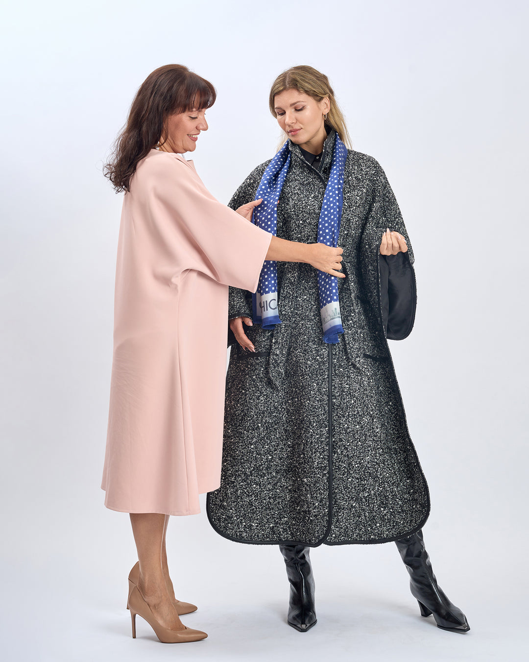 Luxury Designer Navy Blue White Chicago Skyline Art Double Silk Long Pure Silk Scarf With Fringes Styled With Herringbone Boucle Wool SWAN Cape Long Coat and Black High Boots by Alesia Chaika AlesiaC.com