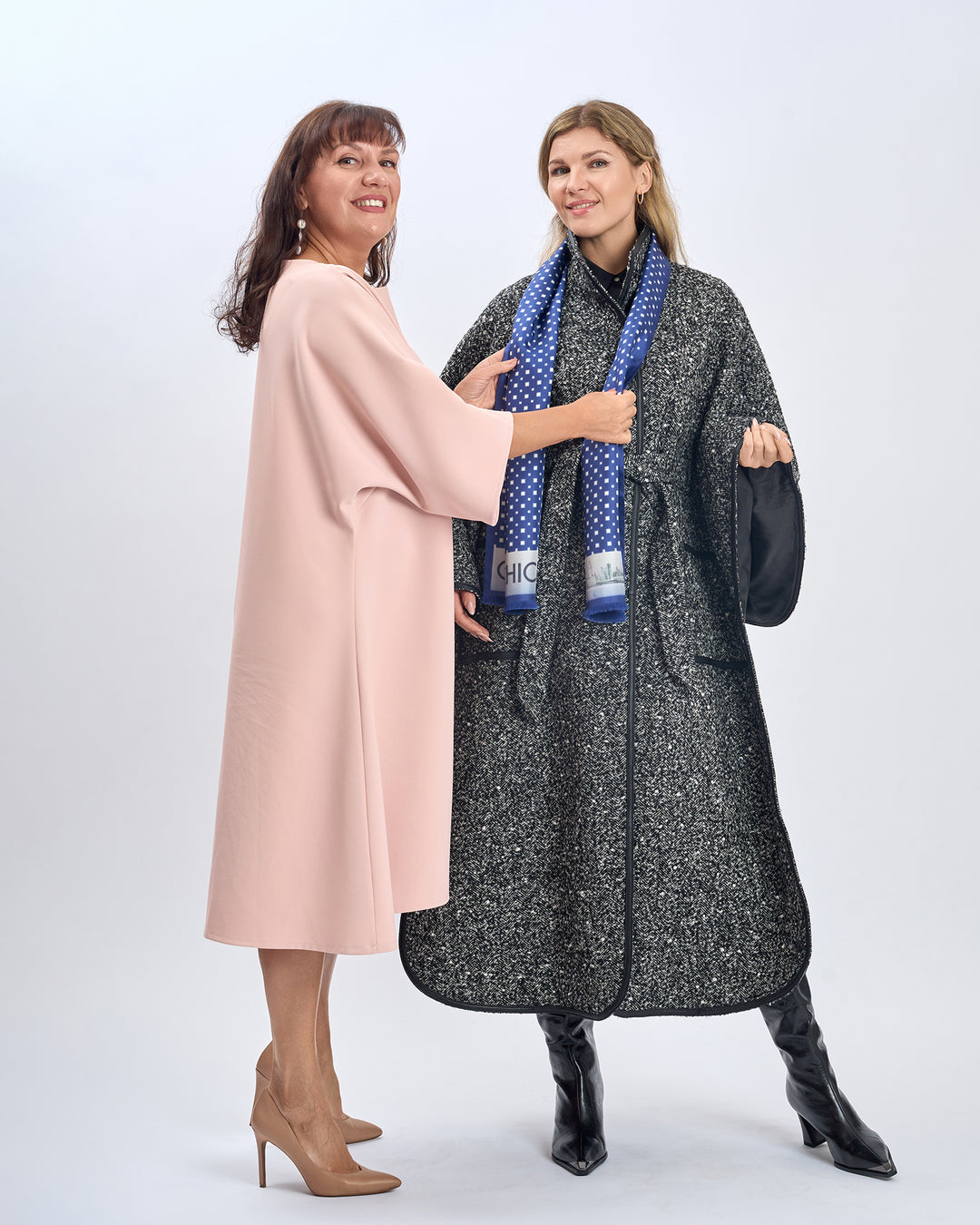 Luxury Designer Navy Blue White Chicago Skyline Art Double Silk Long Pure Silk Scarf With Fringes Styled With Herringbone Boucle Wool SWAN Cape Long Coat and Black High Boots by Alesia Chaika AlesiaC.com