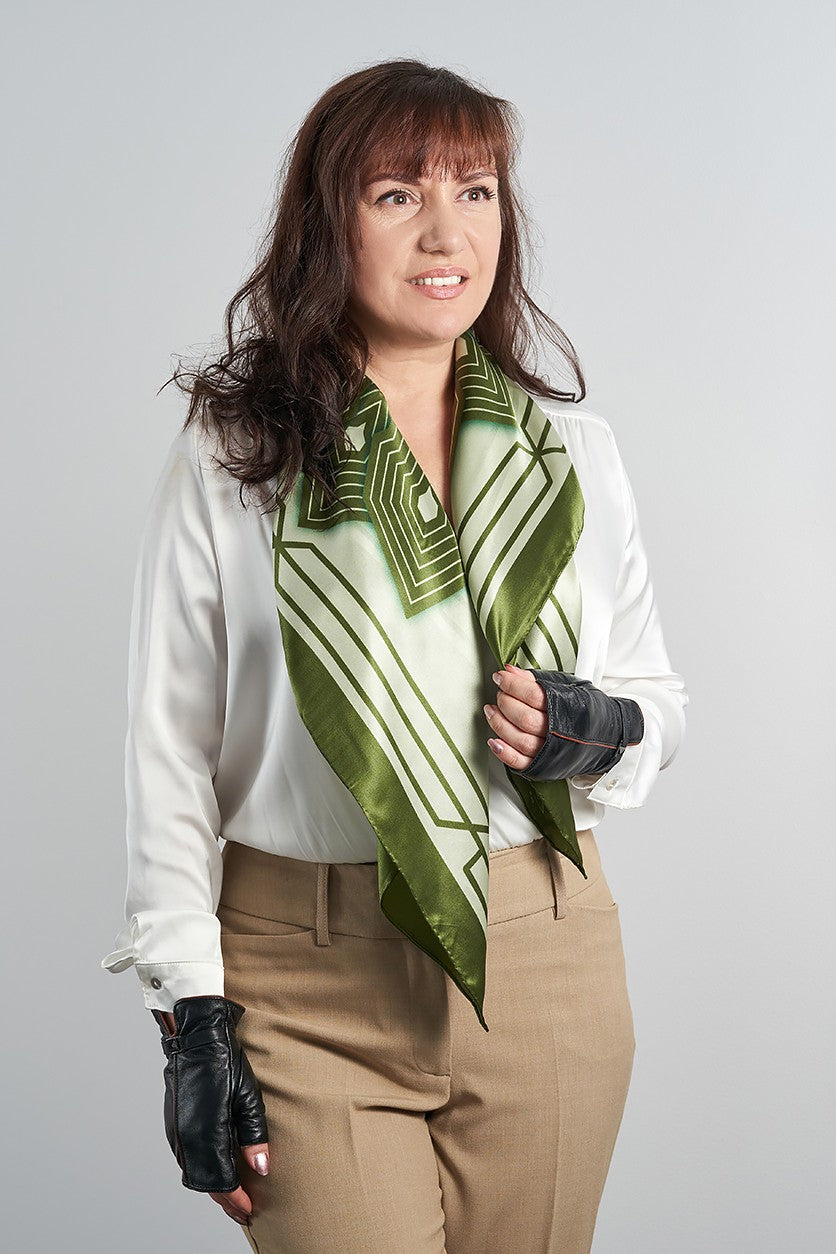 SUMATRA Mandala 100% Silk Square Scarf in Olive Sage