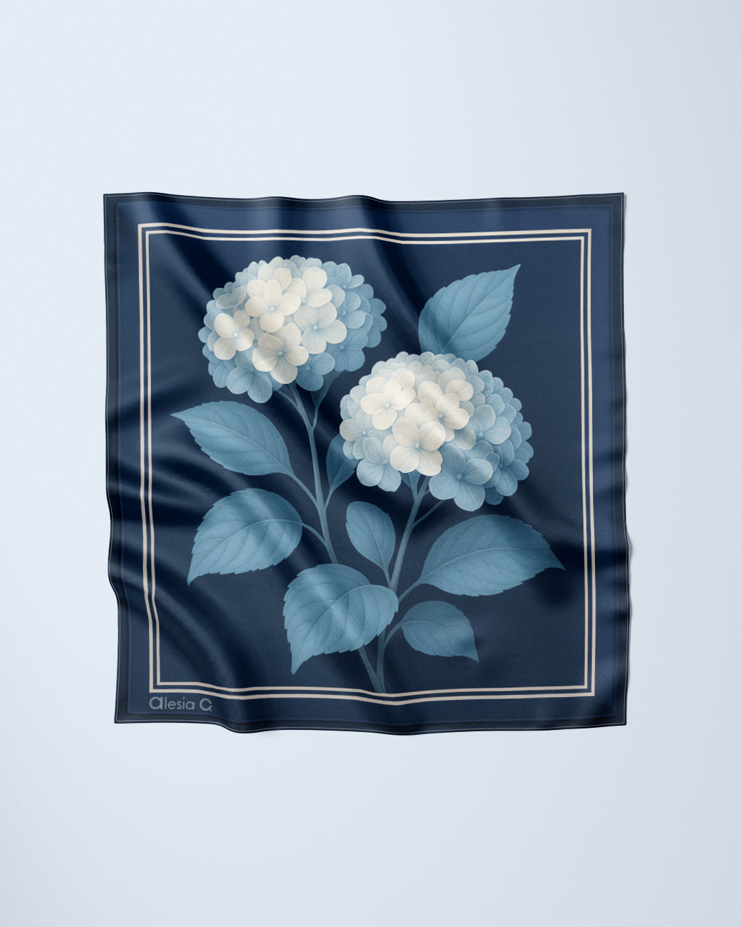 Opulent Hydrangea White Navy Blue Silk Pocket Square
