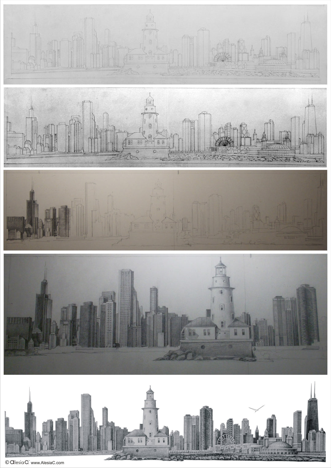 Chicago Harbor Lighthouse Skyline Mulberry Silk Charmeuse Rectangle Scarf – Gold and Ivory