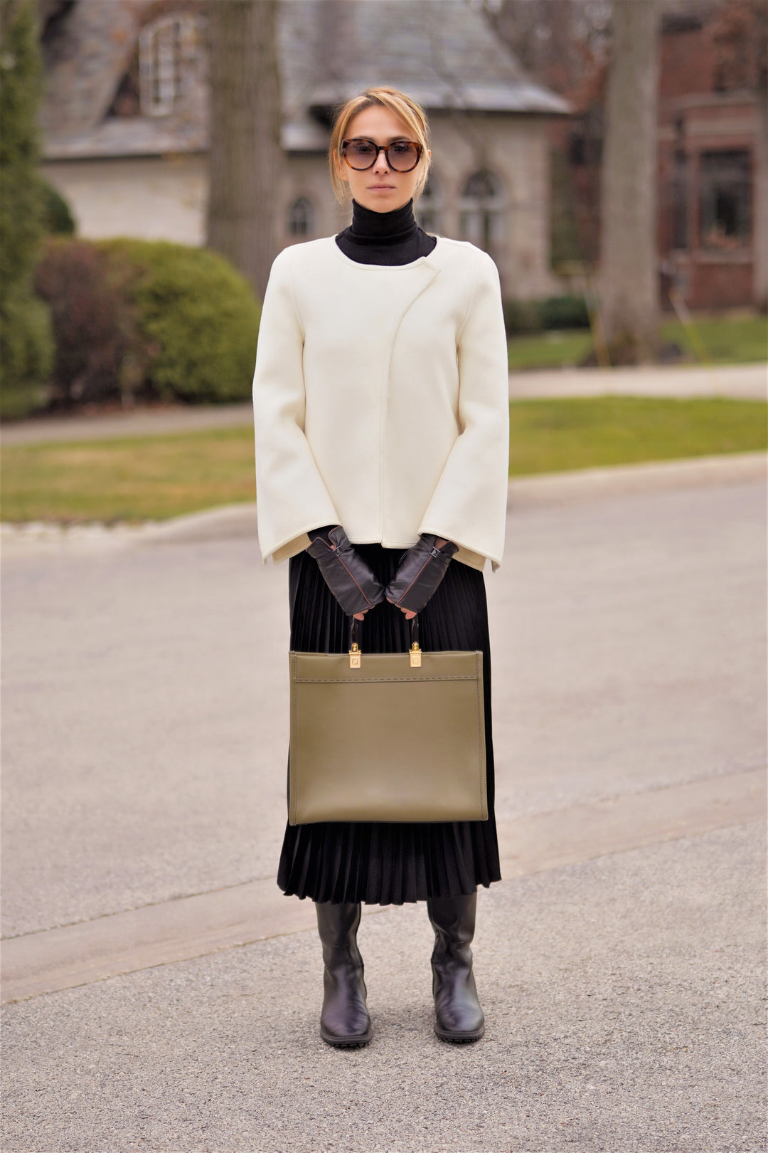 Original Lady Auto White Wool Cashmere Jacket with Bell Sleeves and Hidden Snap Buttons by Alesia C. AlesiaC.com 