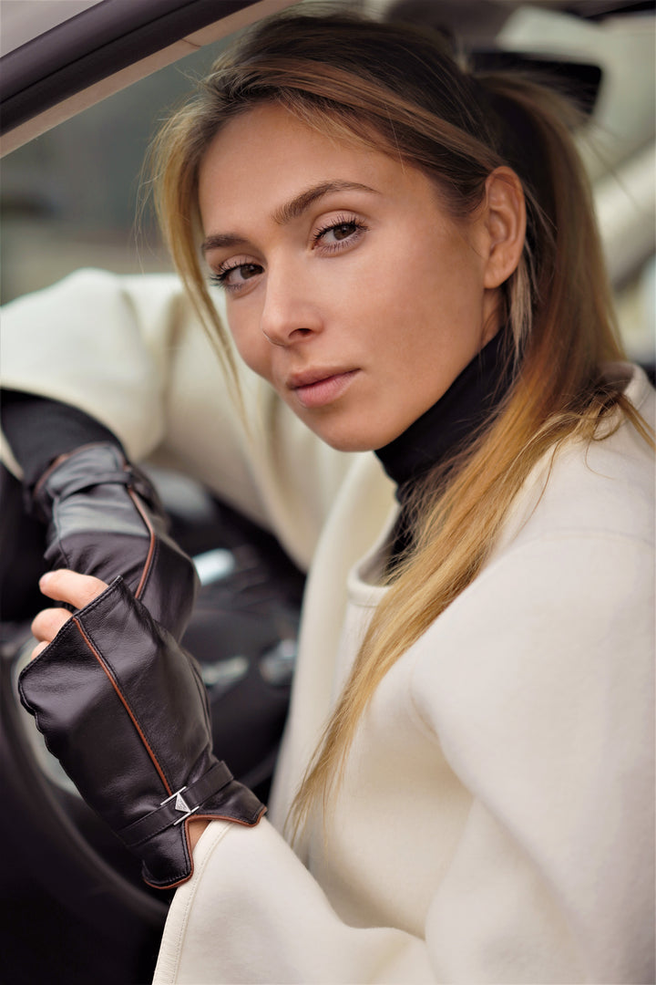 Womens LADY AUTO Fingerless Black  Real Genuine Softest Leather With Brown Trim and Cashemere Lined Luxury Gloves for Lady On The Go, Elegant Car Gloves with Signature Alesia C. Black Metal Triangle Logo Buckle by Fashion Designer Alesia Chaika, AlesiaC.comAlesiaC.com 