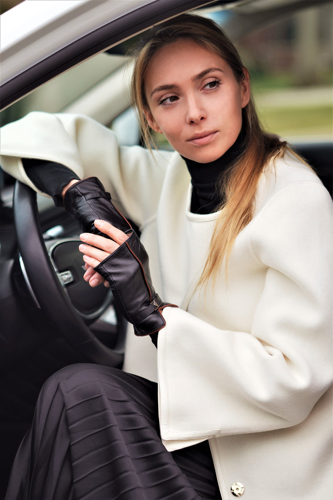 Womens LADY AUTO Fingerless Black  Real Genuine Softest Leather With Brown Trim and Cashemere Lined Luxury Gloves for Lady On The Go, Elegant Car Gloves with Signature Alesia C. Black Metal Triangle Logo Buckle by Fashion Designer Alesia Chaika, AlesiaC.comAlesiaC.com 
