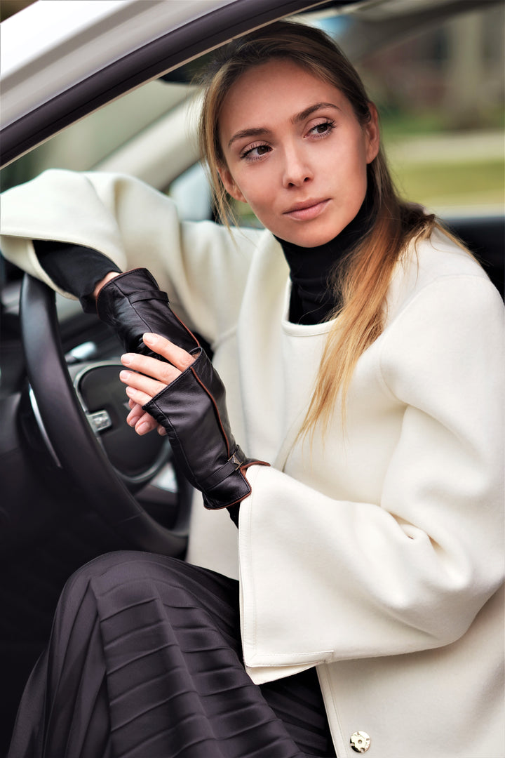 Womens LADY AUTO Fingerless Black  Real Genuine Softest Leather With Brown Trim and Cashemere Lined Luxury Gloves for Lady On The Go, Elegant Car Gloves with Signature Alesia C. Black Metal Triangle Logo Buckle by Fashion Designer Alesia Chaika, AlesiaC.comAlesiaC.com 