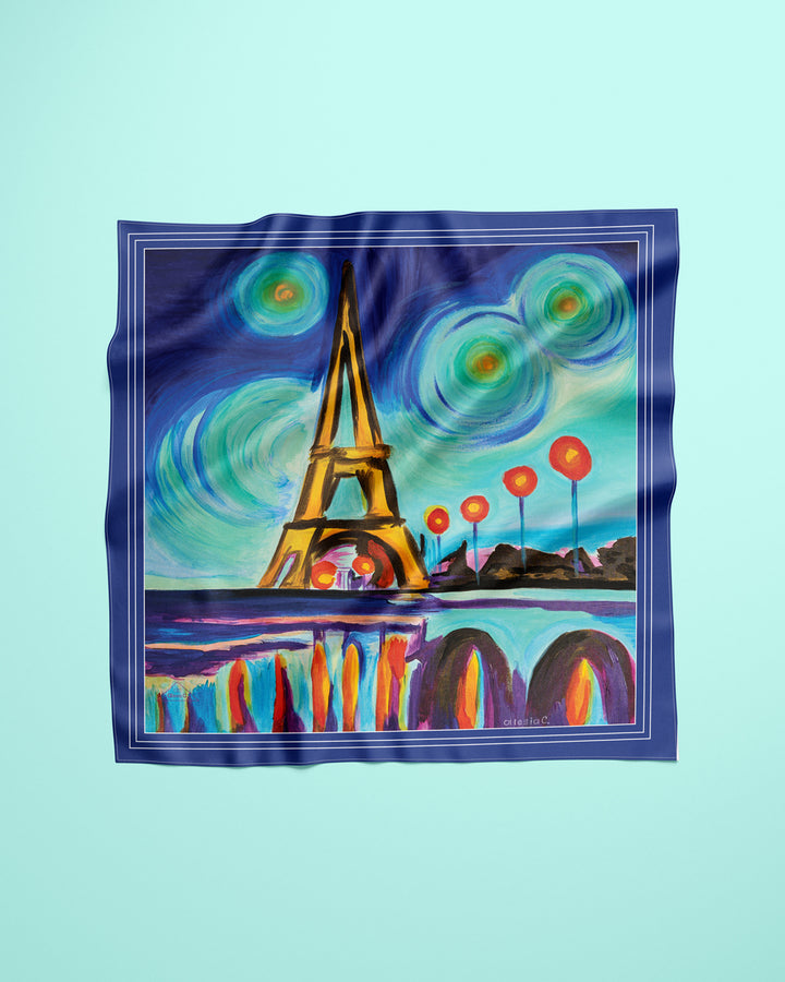 Paris Vibes Pure Silk Scarf in Royal Blue and Bright Yellow – Alesia C. Art-A-Porte Collection AlesiaC.com