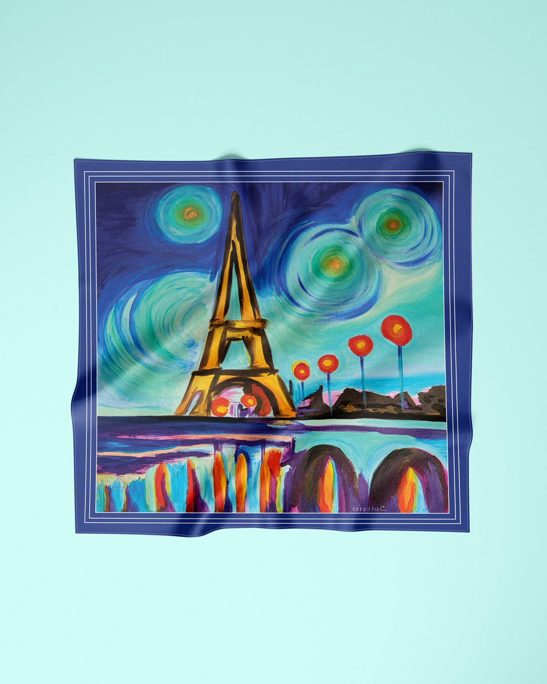 Paris Vibes Pure Silk Scarf in Royal Blue and Bright Yellow – Alesia C. Art-A-Porte Collection AlesiaC.com
