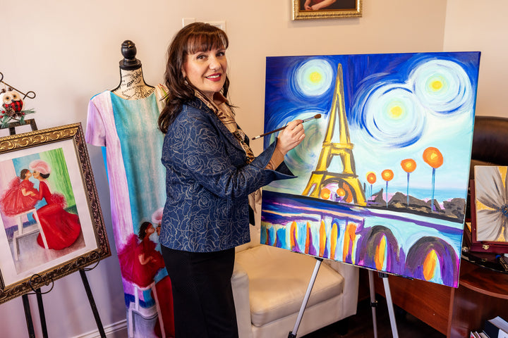 Paris Vibes Pure Silk Scarf in Royal Blue and Bright Yellow – Alesia C. Art-A-Porte Collection