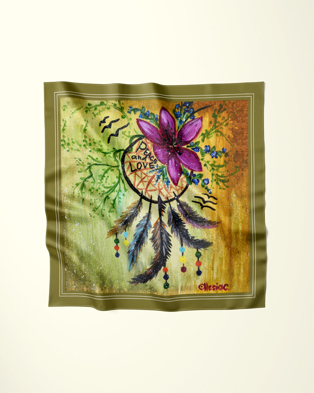 PEACE and LOVE Gold Olive Purple Designer Silk Scarf Art A Porte by Alesia Chaika