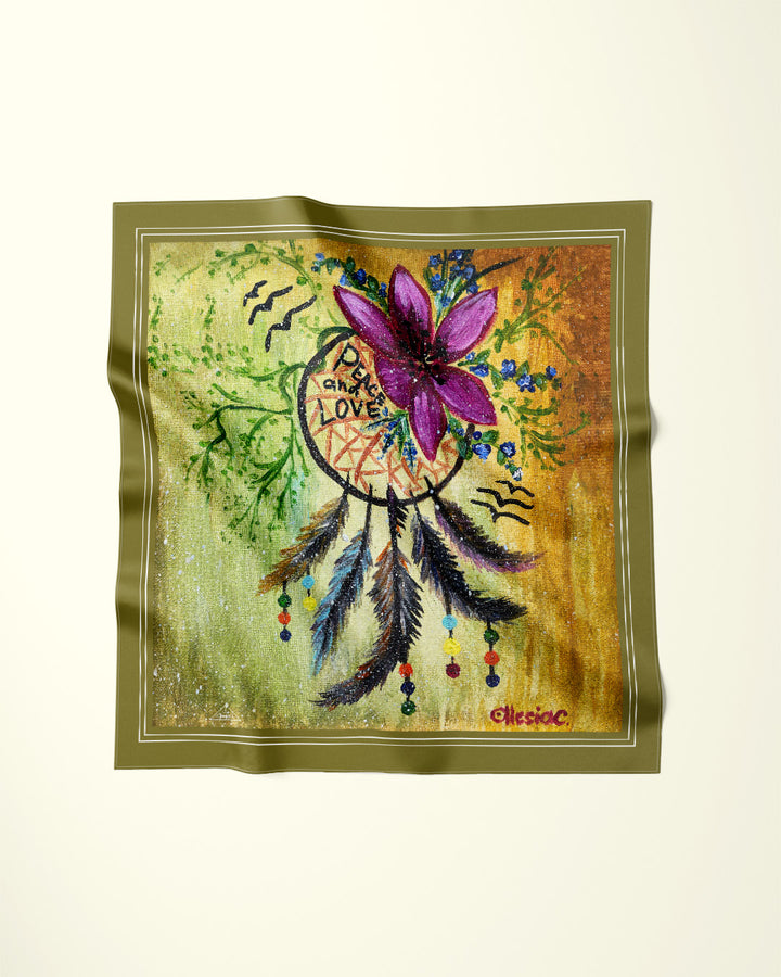 PEACE and LOVE Gold Olive Purple Designer Silk Scarf Art A Porte by Alesia Chaika