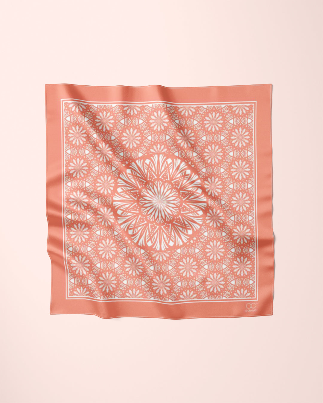 PEACH WHITE SERENITY Mandala Designer Silk Scarf by Alesia Chaika AlesiaC.com