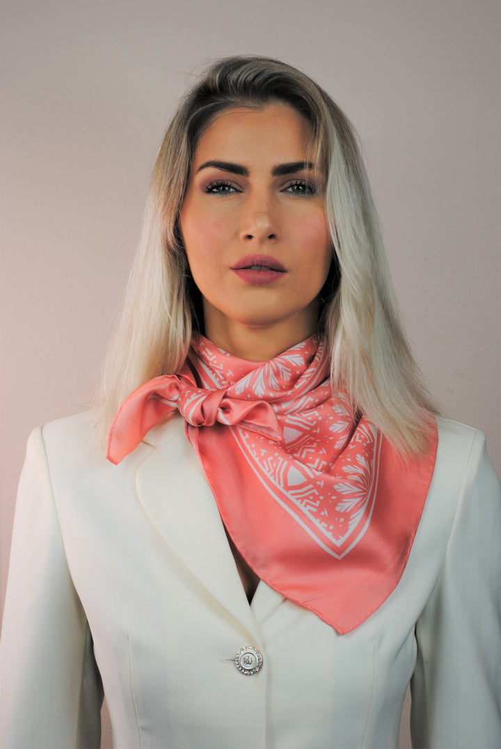 SERENITY Mandala Designer Silk Square Scarf – Peach White – Hand-Rolled Edges – Multiple Sizes
