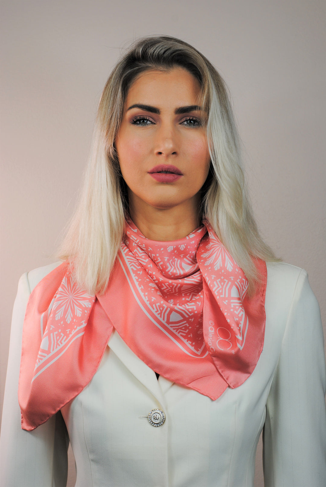 SERENITY Mandala Designer Silk Square Scarf – Peach White – Hand-Rolled Edges – Multiple Sizes