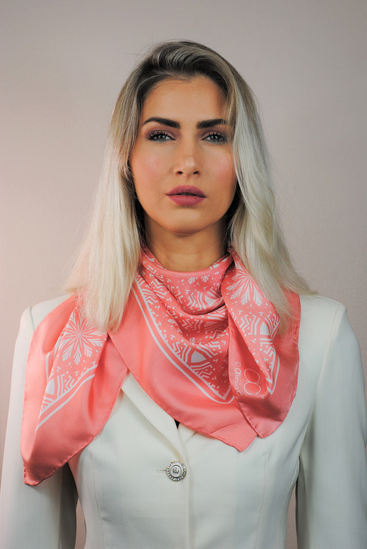 SERENITY Mandala Designer Silk Square Scarf – Peach White – Hand-Rolled Edges – Multiple Sizes