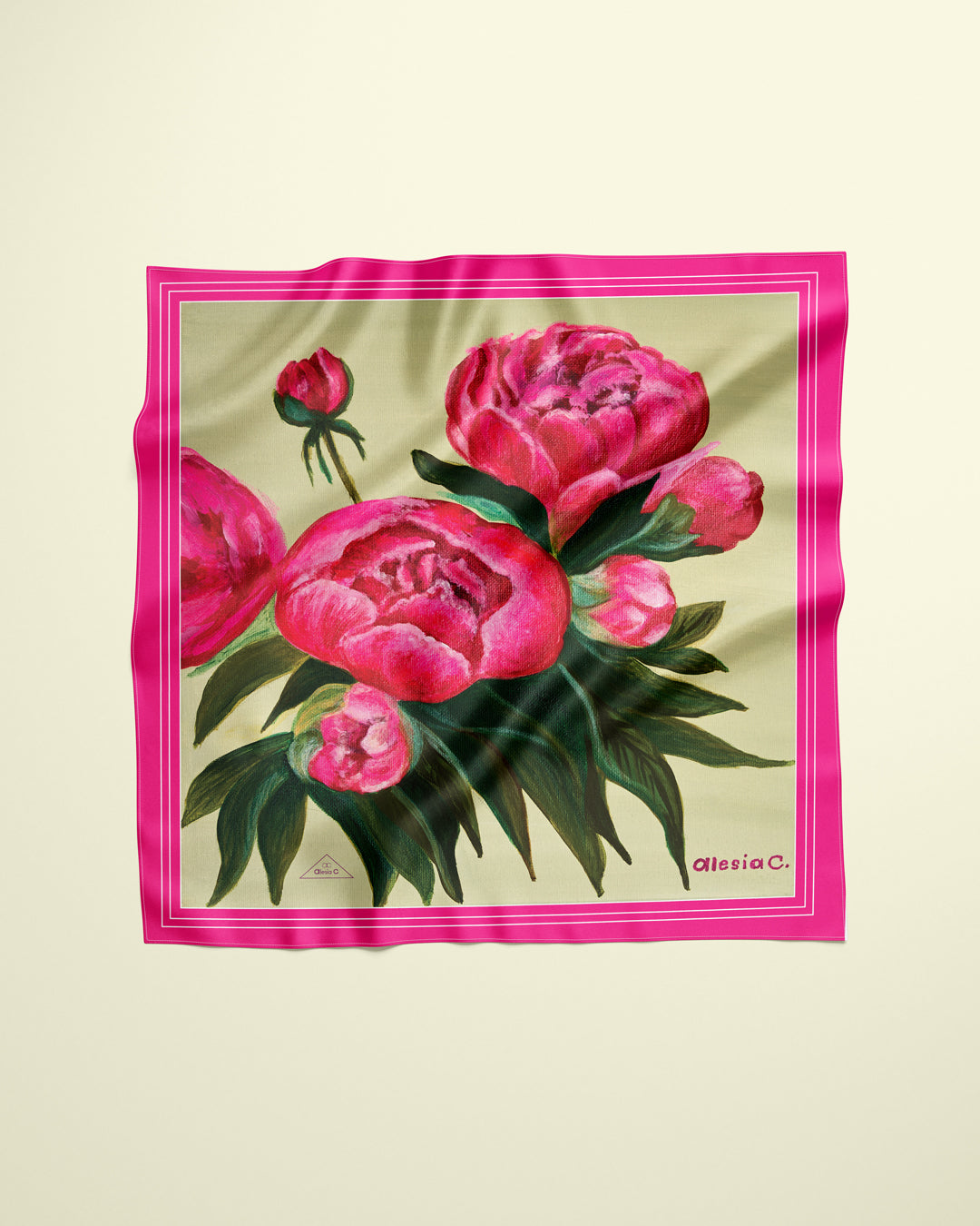 Art Peonies Pure Silk Scarf in Pink Orange Blue Green and Black  – Alesia C. Art-A-Porte Collection