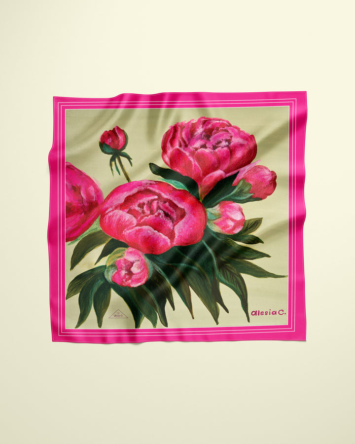 Art Peonies Pure Silk Scarf in Pink Orange Blue Green and Black  – Alesia C. Art-A-Porte Collection