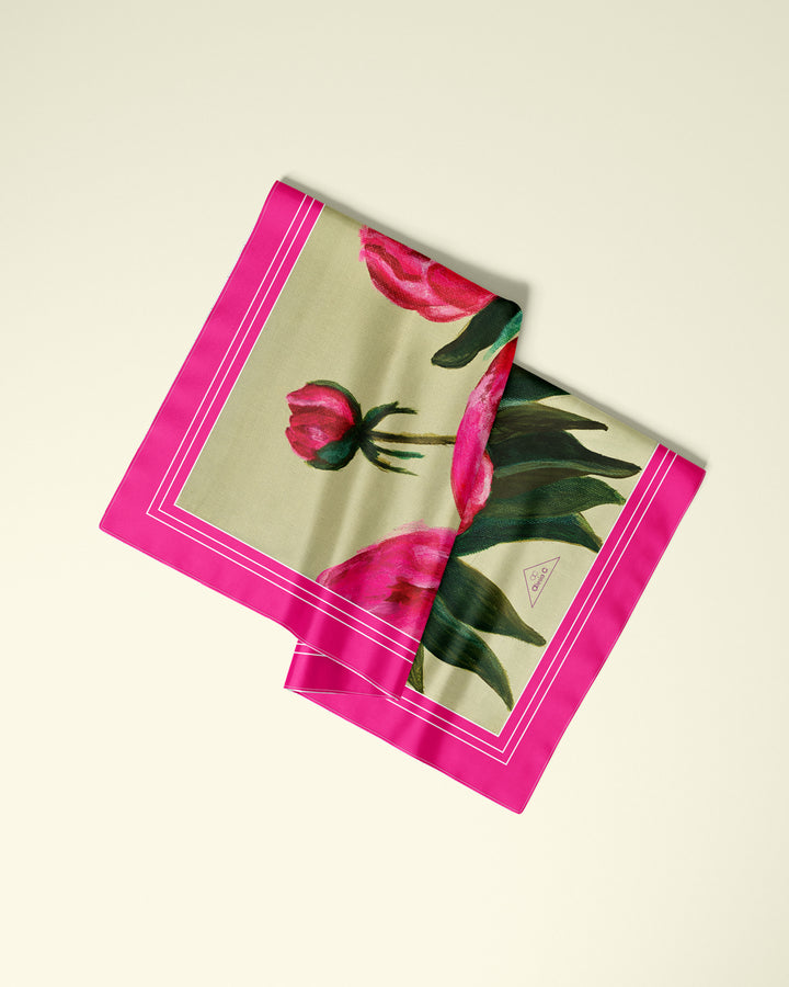 Art Peonies Pure Silk Scarf in Pink Orange Blue Green and Black  – Alesia C. Art-A-Porte Collection