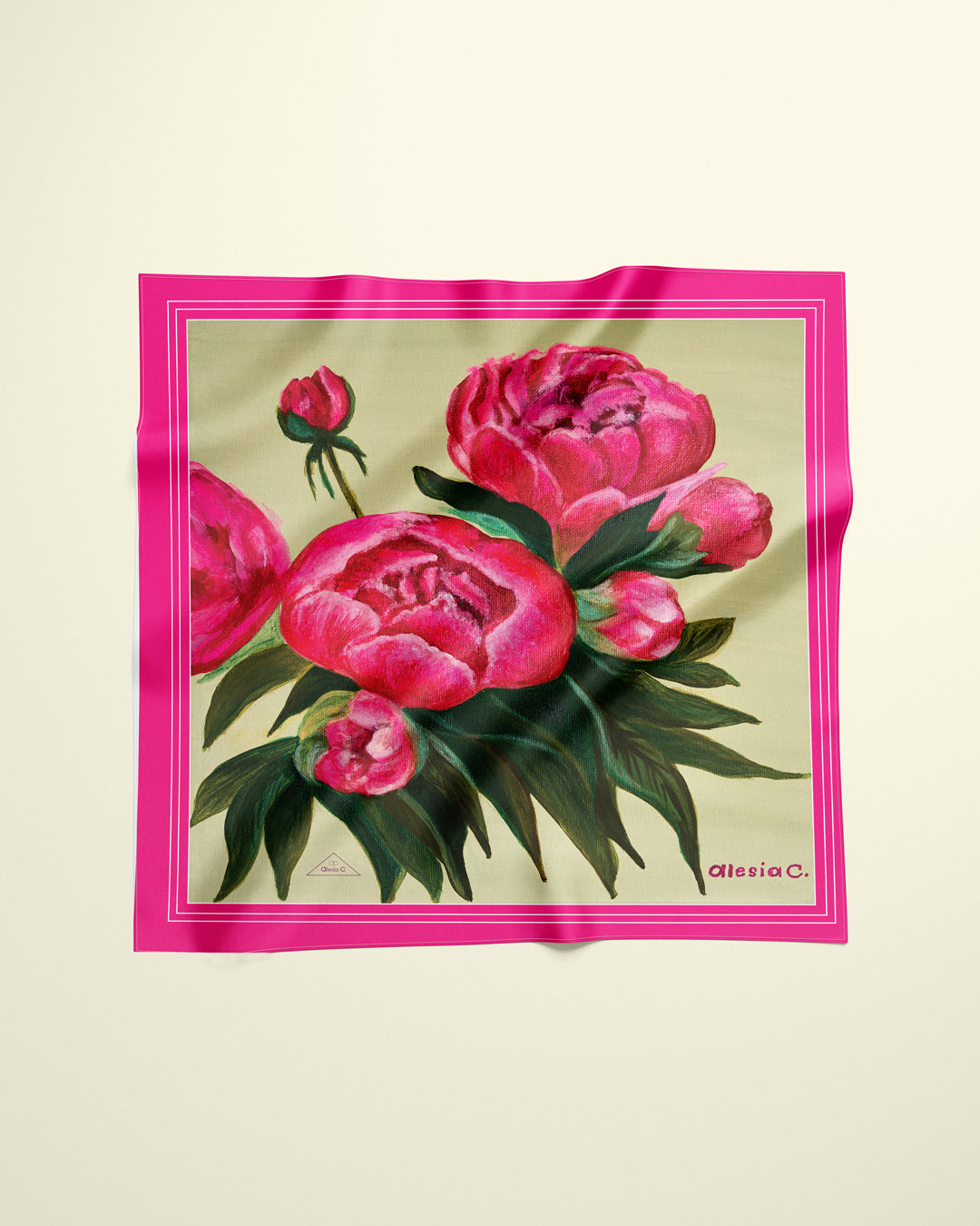 Art Peonies Pure Silk Scarf in Pink Orange Blue Green and Black  – Alesia C. Art-A-Porte Collection