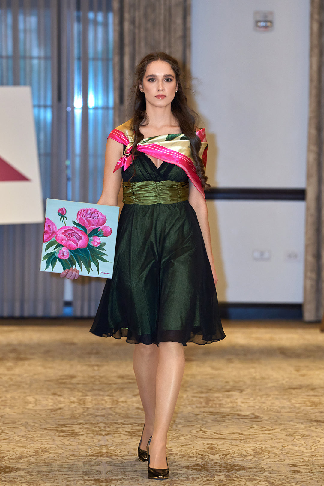 Art Peonies Pure Silk Scarf in Pink Orange Blue Green and Black  – Alesia C. Art-A-Porte Collection