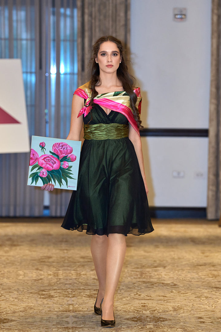 Art Peonies Pure Silk Scarf in Pink Orange Blue Green and Black  – Alesia C. Art-A-Porte Collection