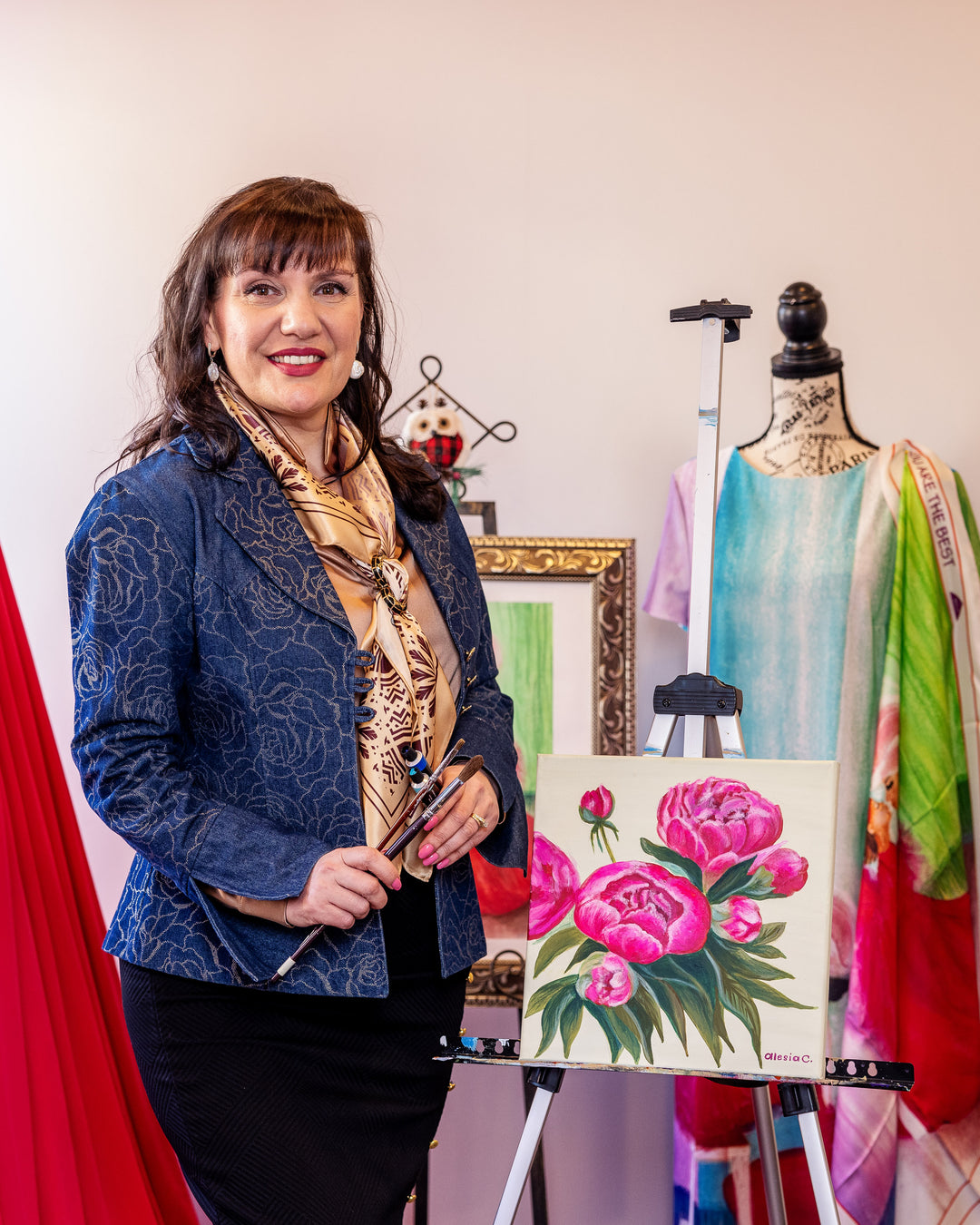 Art Peonies Pure Silk Scarf in Pink Orange Blue Green and Black  – Alesia C. Art-A-Porte Collection