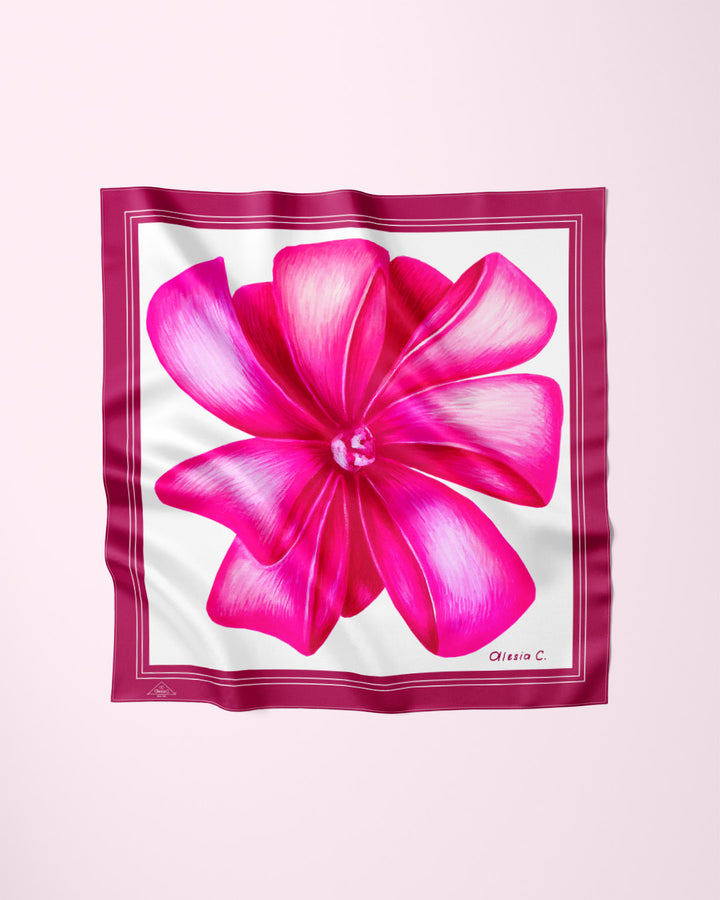 PINK BOW Designer 100% Silk Scarf Magenta Border Art A Porte by Alesia Chaika AlesiaC.com