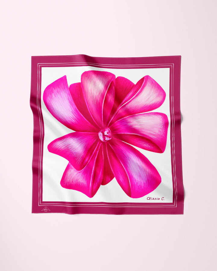 PINK BOW Designer Silk Scarf Magenta Border Art A Porte by Alesia Chaika