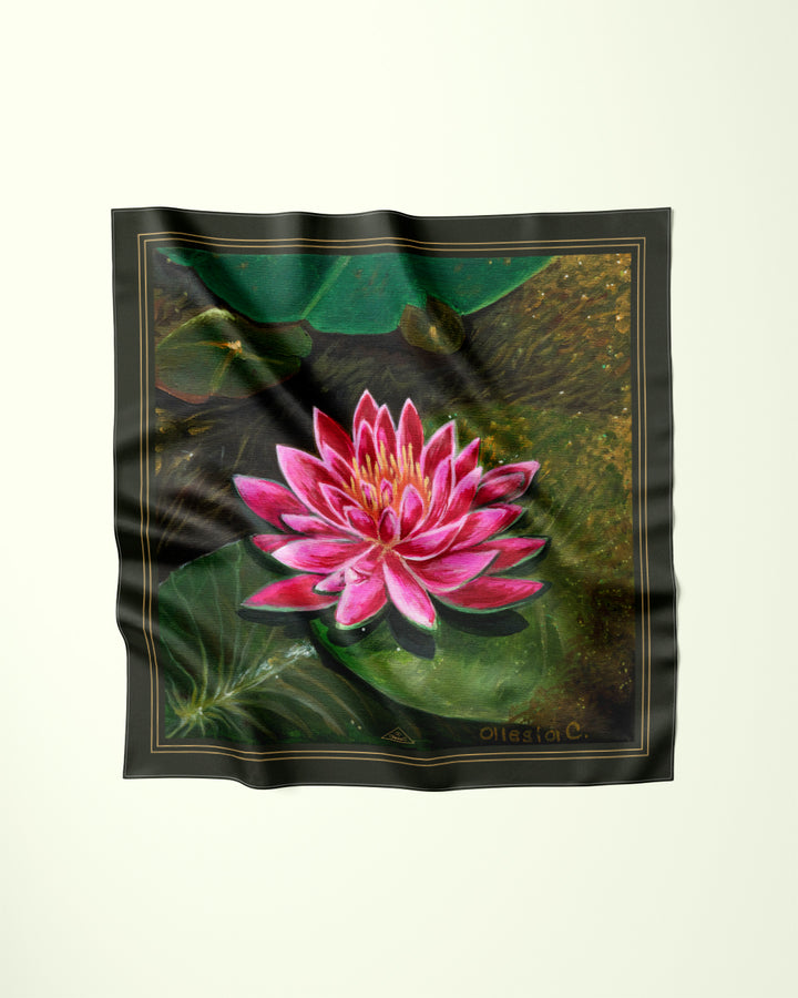 PINK LOTUS Brown Border Designer Silk Scarf Art A Porte by Alesia Chaika