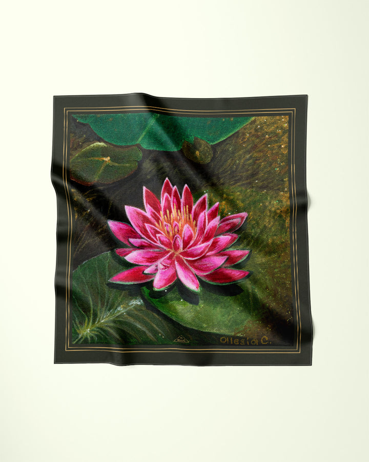 PINK LOTUS Brown Border Designer Silk Scarf Art A Porte by Alesia Chaika