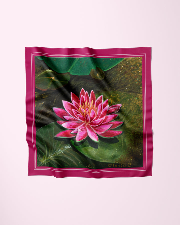 PINK LOTUS Pink Border Designer Silk Scarf Art A Porte by Alesia Chaika