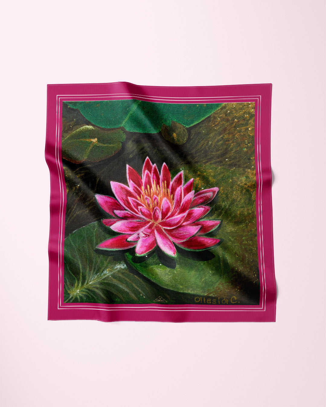 PINK LOTUS Pink Border Designer Silk Scarf Art A Porte by Alesia Chaika