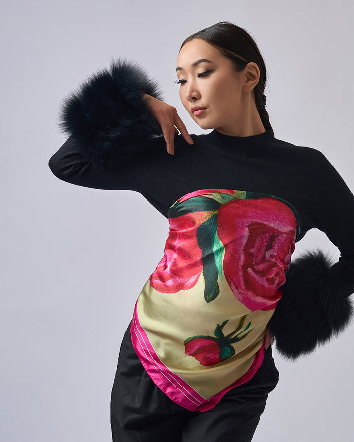 Art Peonies Pure Silk Scarf in Pink Orange Blue Green and Black  – Alesia C. Art-A-Porte Collection